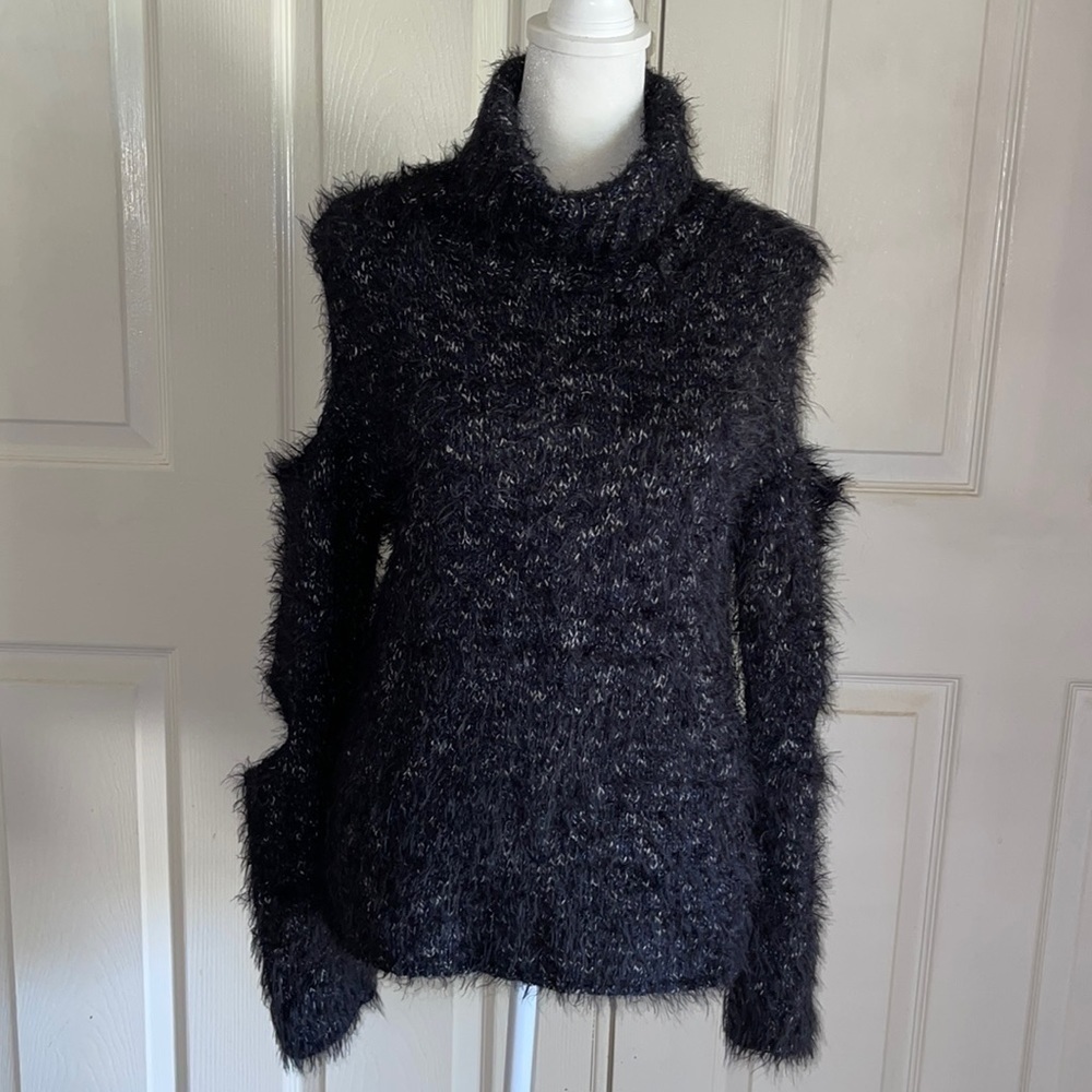 Jonathan Simkhai Marled Black Cold Shoulder And Elbow Lambswool Blend Sw…